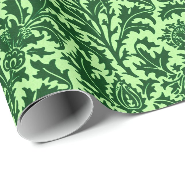 Papel De Presente Damasco do cardo de William Morris, verde (Ponta do rolo)