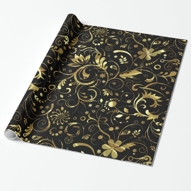 Papel De Presente Damasco Dourado E Preto Elegante (Desenrolado)