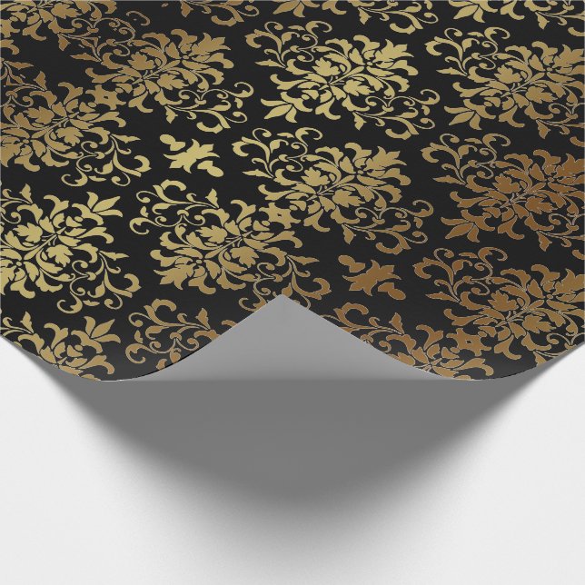 Papel De Presente Damasco Dourado Escrito Preto Elegante (Ponta)