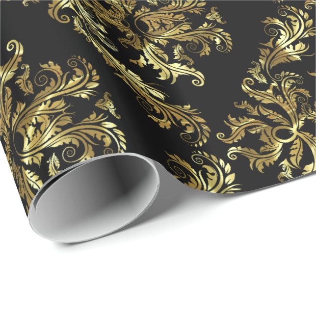 Papel De Presente Damasco Dourado Preto E Metálico 2 Padrão (Ponta do rolo)