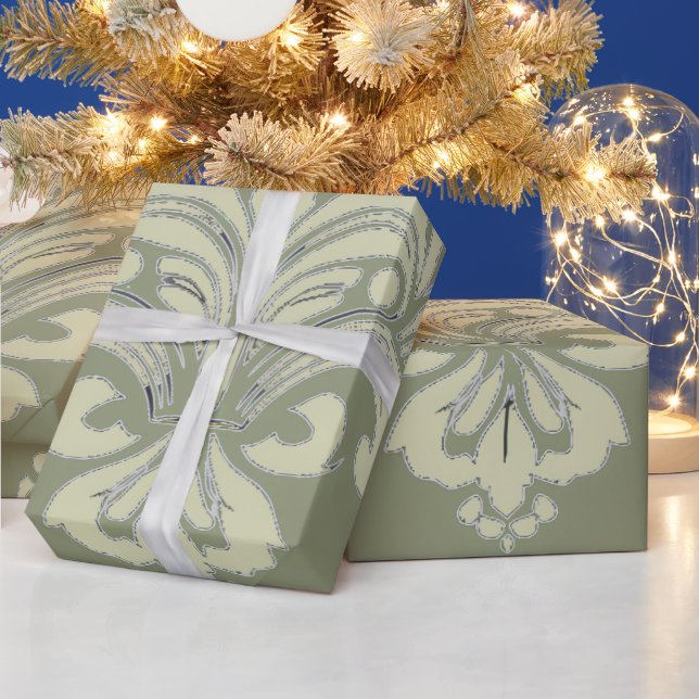 Papel De Presente Damasco en verde musgo (Feriados)
