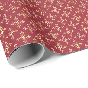 Papel De Presente Damasco festivo floral vermelho e Dourado elegante