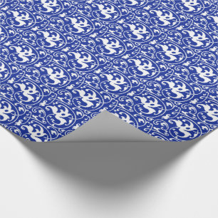 Papel De Presente Damasco floral de Ikat - azuis cobaltos e branco