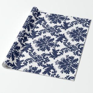 Papel De Presente Damasco floral de marinho azul e branco