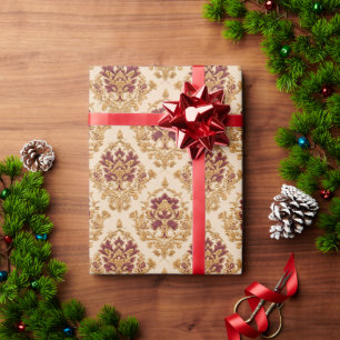 Papel De Presente Damasco Floral Dourado Marfim