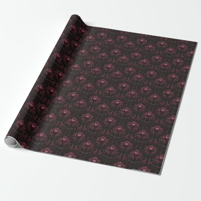 Papel De Presente Damasco Floral Rosa Escuro a Preto (Desenrolado)