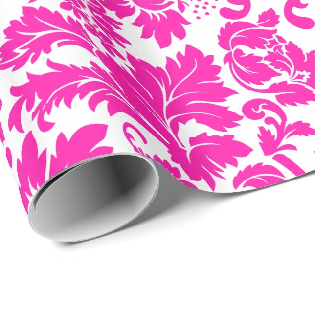 Papel De Presente Damasco Floral Rosa Quente (Ponta do rolo)