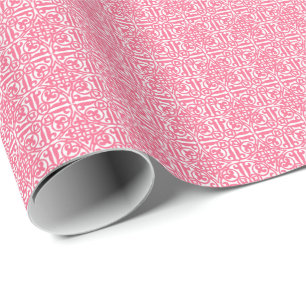 Papel De Presente Damasco medieval Fleur-de-lis, rosa coral e branco