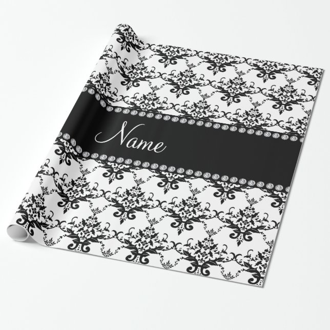 Papel De Presente Damasco preto branco conhecido personalizado (Desenrolado)