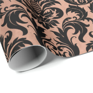 Papel De Presente Damasco preto cinzento de cobre Dourado