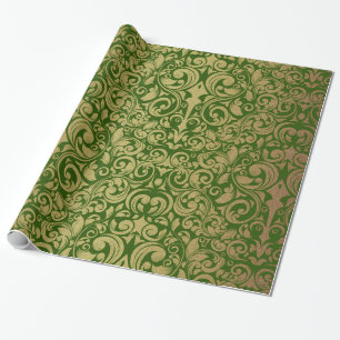 Papel De Presente Damasco verde real do brilho Dourado elegante