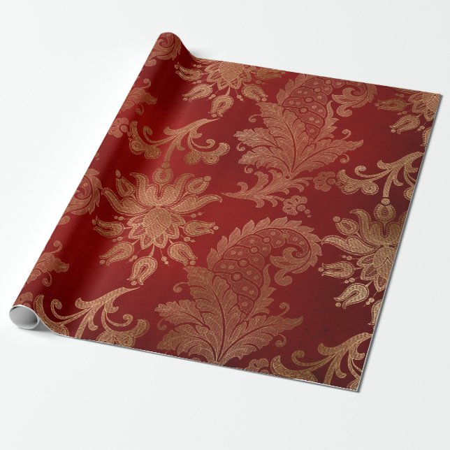 Papel De Presente Damasco Vermelho e Dourado Fofinho (Desenrolado)