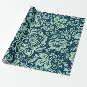 Papel De Presente Damascos Florais Barrocos em Verde Hortelã Sobre A