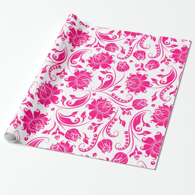 Papel De Presente Damascos Florais Brancos E Rosa Quente (Desenrolado)