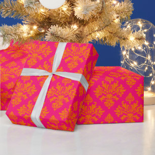 Papel De Presente Damask #3 DIY Cores Rosa Framboesa Laranja 