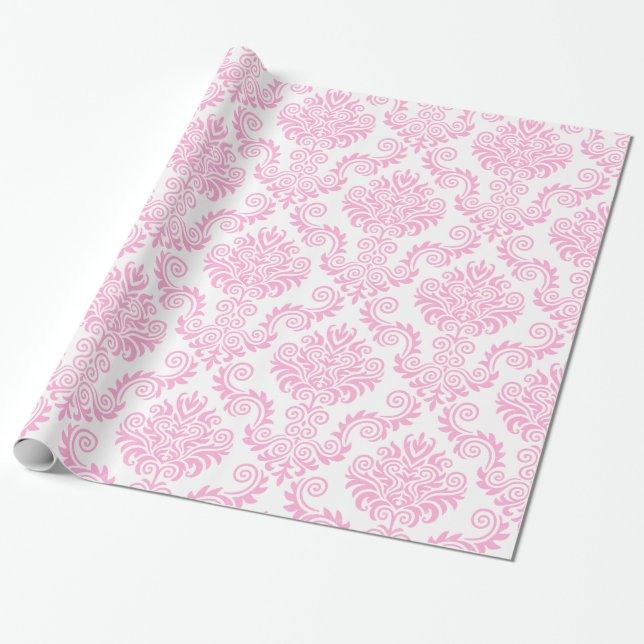Papel De Presente Damask branco e rosa| Papel de embalagem (Desenrolado)