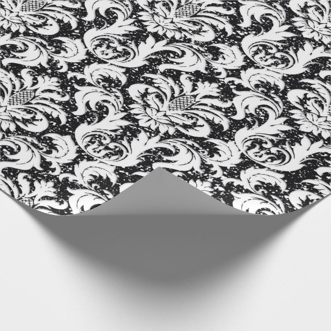 Papel De Presente Damask Glitter Black White Elegante Real (Ponta)
