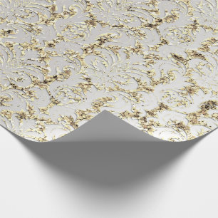 Papel De Presente Damask Glitter Faux Cinza Dourada Prata Royal