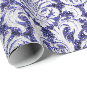 Papel De Presente Damask Glitter Indigo Silver Cinza Royal Cottage