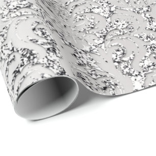 Papel De Presente Damask Glitter Silver Cinza Real Metálico Bridal