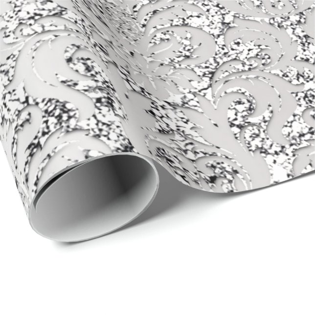 Papel De Presente Damask Glitter Silver Cinza Real Metálico Bridal (Ponta do rolo)