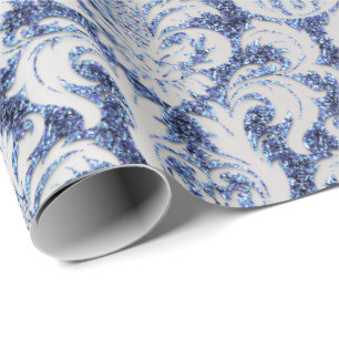 Papel De Presente Damask Glitter Silver Cinza Royal Sapphire Blue