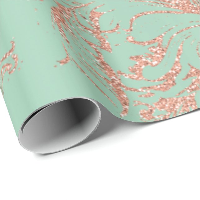 Papel De Presente Damask Rosa Dourado Mint Royal Antonietta Cottage (Ponta do rolo)