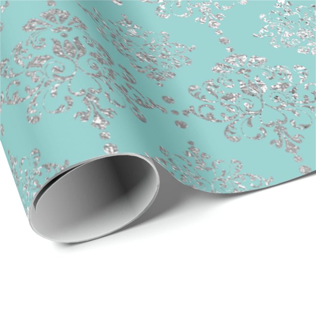 Papel De Presente Damask Silver Cinza Aqua Blu Real Metálico (Ponta do rolo)