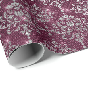 Papel De Presente Damask Silver Cinza Royal Burgundy Beet Sparkly
