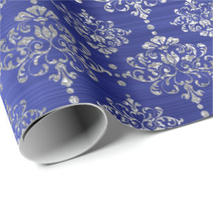 Papel De Presente Damask Silver Cobalt Blue Royal Ornament França