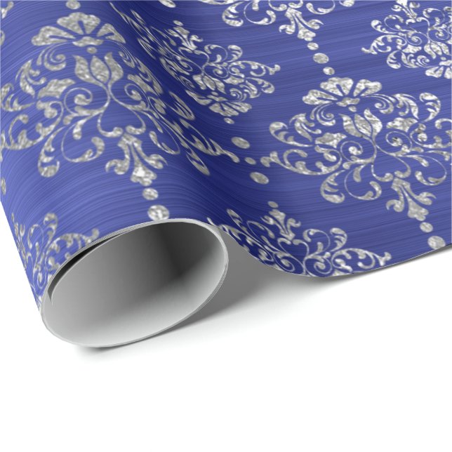 Papel De Presente Damask Silver Cobalt Blue Royal Ornament França (Ponta do rolo)