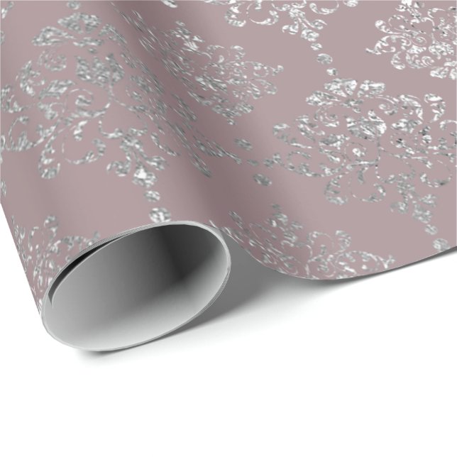 Papel De Presente Damask Silver Royal Metallic Maule Pink (Ponta do rolo)