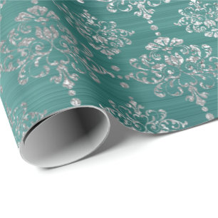 Papel De Presente Damask Silver Teal Aquatic Ocean Ornament Real