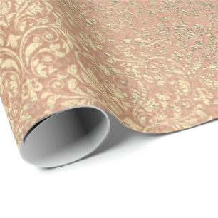 Papel De Presente Damask Skinny Peach Coral Rosa Dourado Metal Brilh