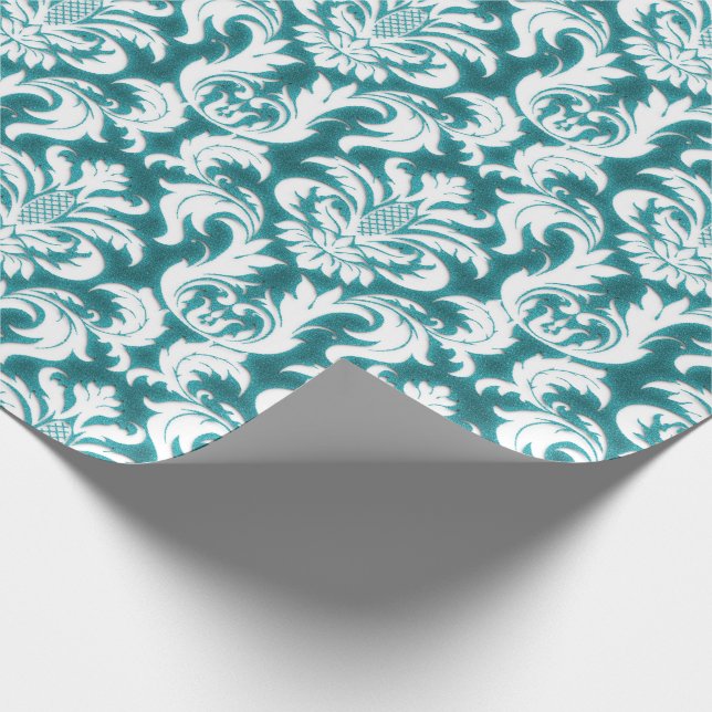 Papel De Presente Damask Teal Blue Turquoise Ocean White Velvet (Ponta)