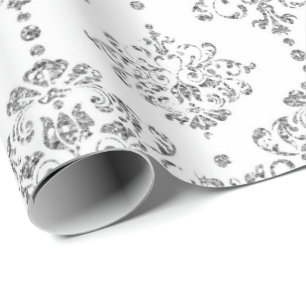 Papel De Presente Damask White Royal Cinza Silver Glitter