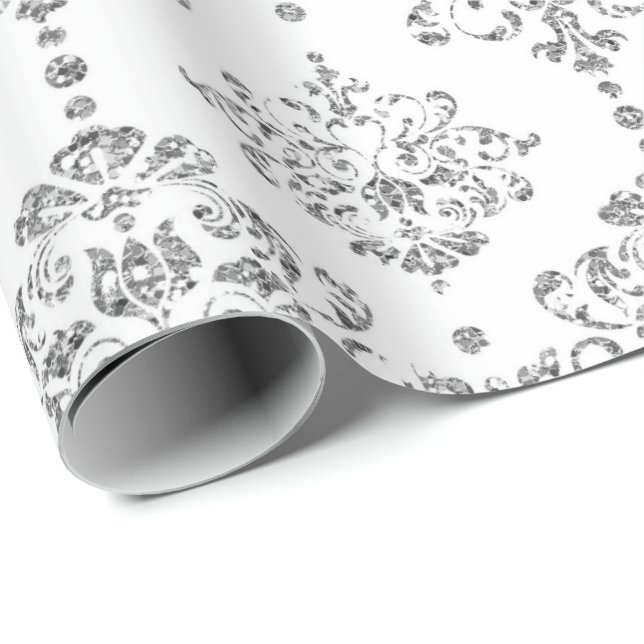 Papel De Presente Damask White Royal Cinza Silver Glitter (Ponta do rolo)