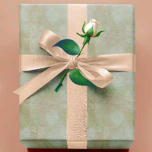 Papel De Presente Damasko Verde Fumê Desbotado Vitoriano Antigo