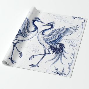 Papel De Presente Dança de Grou Estilo Imari Japonês Azul e Branco