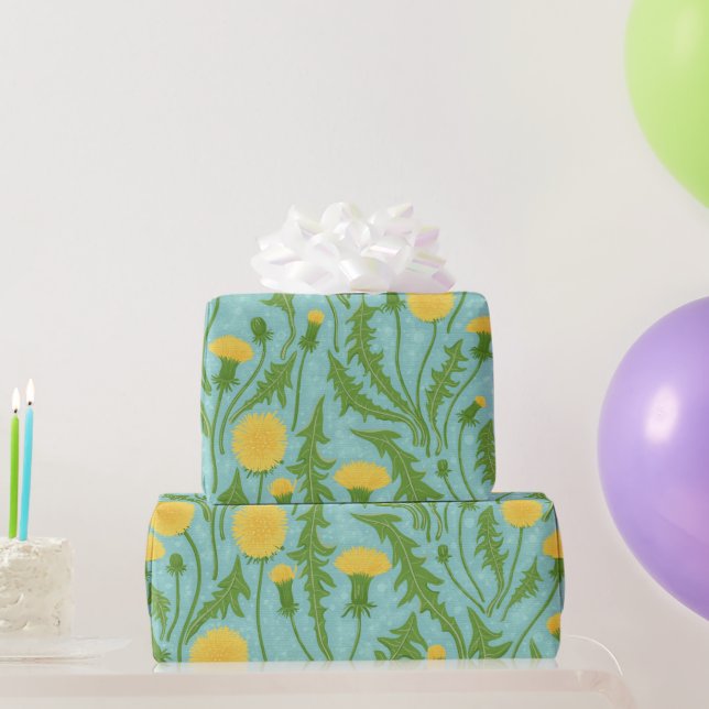 Papel De Presente Dandeliões, verdes, amarelos e azuis (Presentes para festas)