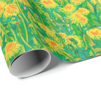 Papel De Presente Dandelion Bloom Summer Flowers Floral Verde Amarel