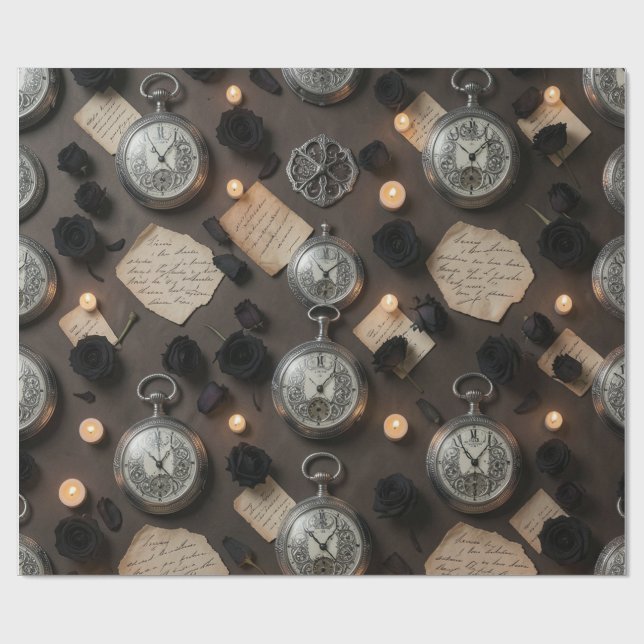 Papel De Presente Dark Academia Pocket Watch Wrapping Paper (Aberto)