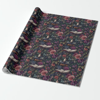 Papel De Presente Dark Academia Vintage Floral, Aves e Livros