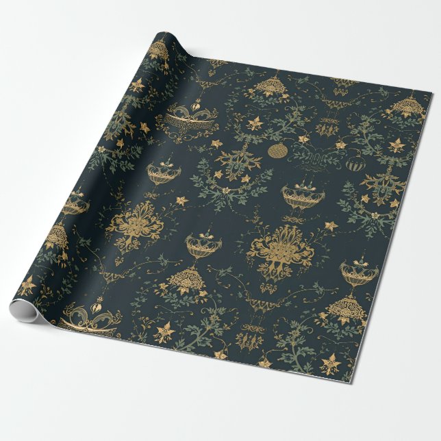 Papel De Presente Dark Baroque Gold Ornament Wrapping Paper  (Desenrolado)