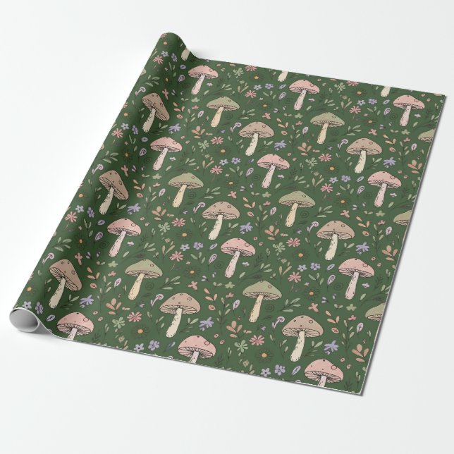 Papel De Presente Dark Hunter Green Moody Fungi Seamless Pattern (Desenrolado)