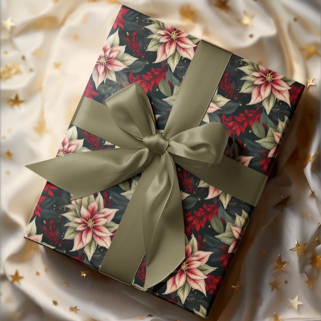 Papel De Presente Dark Moody Poinsettia Floral Winter Holiday (Elegant Dark and Moody Poinsettia Floral Christmas and Winter Holiday Wrapping Paper)