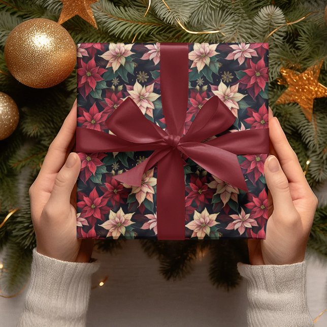 Papel De Presente Dark Moody Poinsettia Floral Winter Holiday (Elegant Dark and Moody Poinsettia Floral Christmas and Winter Holiday Wrapping Paper)