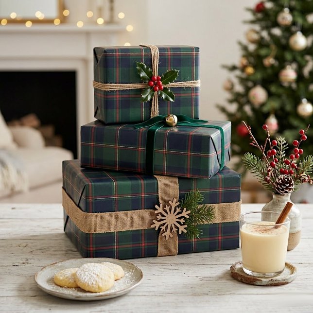 Papel De Presente Dark Navy Blue Red Green Plaid Wrapping Paper (Criador carregado)