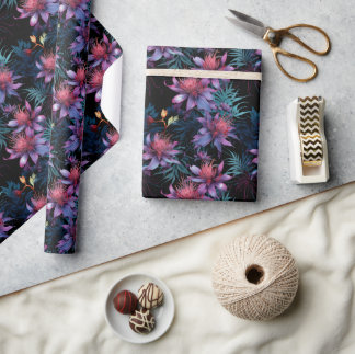 Papel De Presente Dark Neon Tropical Purple Floral Pattern