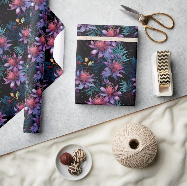 Papel De Presente Dark Neon Tropical Purple Floral Pattern (Artesanato)